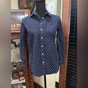 Talbots Top Navy White Polka Dot Button Long Sleeve